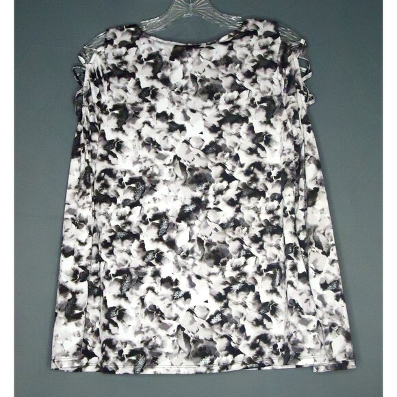 Jennifer Lopez Black Gray Print Shimmer Cold Shoulder Blouse Women Size Small - Picture 11 of 11